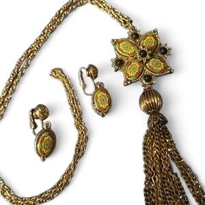 Signed Denise‎ Cloisone Pendant With Drop Tassel & Clip-on Earrings